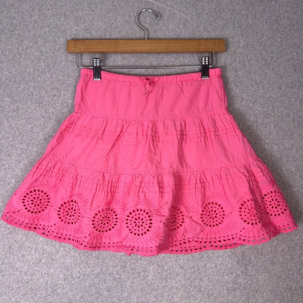 Mini Boden Skirt Girls 5/6 Pink Cotton Eyelet Tiered Ruffle Hem Drawstring Waist